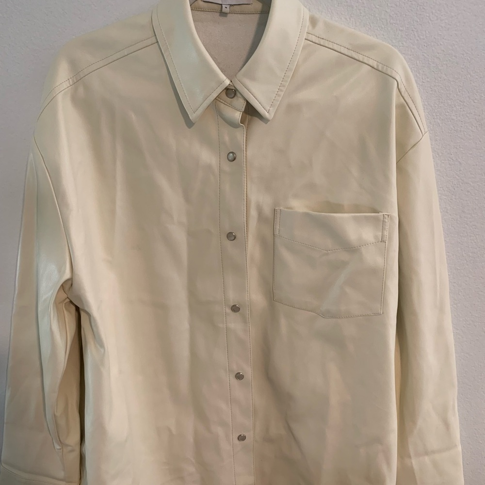 WeWoreWhat Cream Long Sleeve Faux Leather Overshirt
